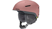 Rose snow helmet with vented shell, black ear pads, and chin strap.