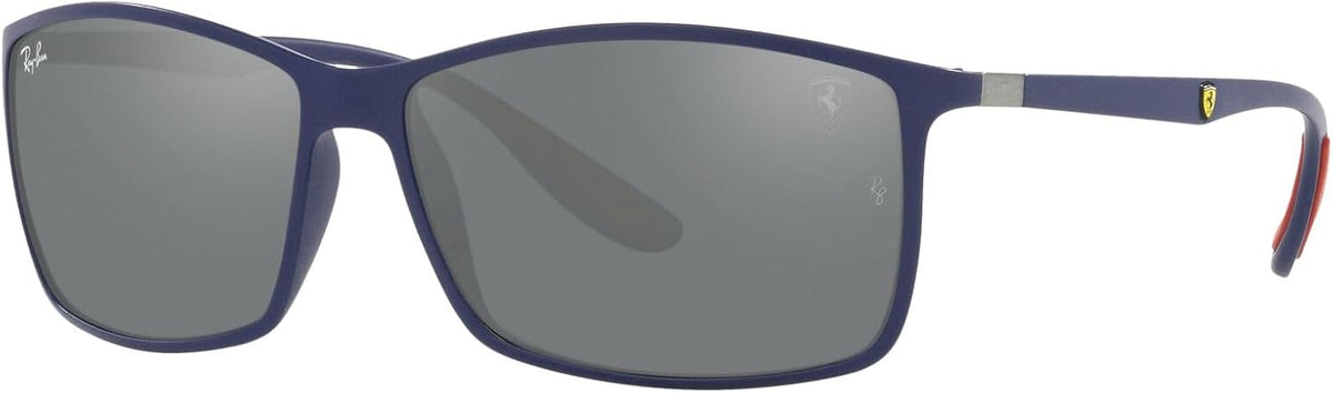 Ray-Ban square sunglasses with matte blue frame and grey mirrored lenses