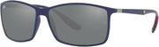 Ray-Ban square sunglasses with matte blue frame and grey mirrored lenses