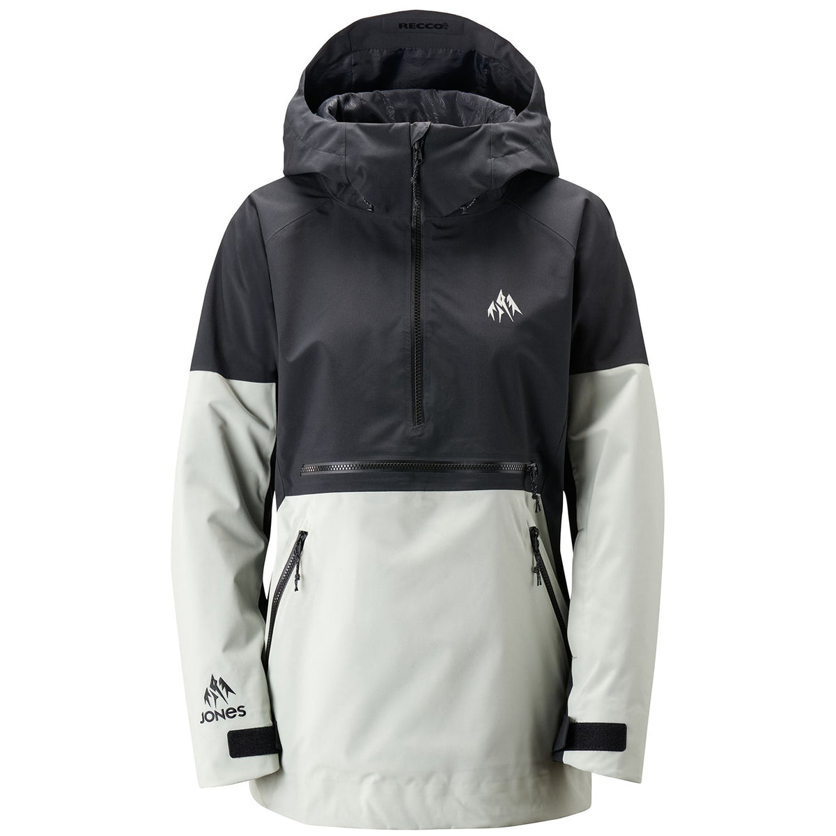 Women’s mountain surf anorak jacket with hood, dark top and light lower panels, front zip