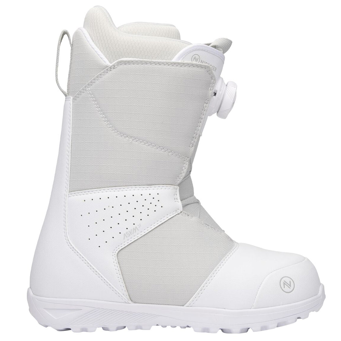 Women’s Sierra snowboard boots in white with gray panels, padded collar, lace-up, treaded sole