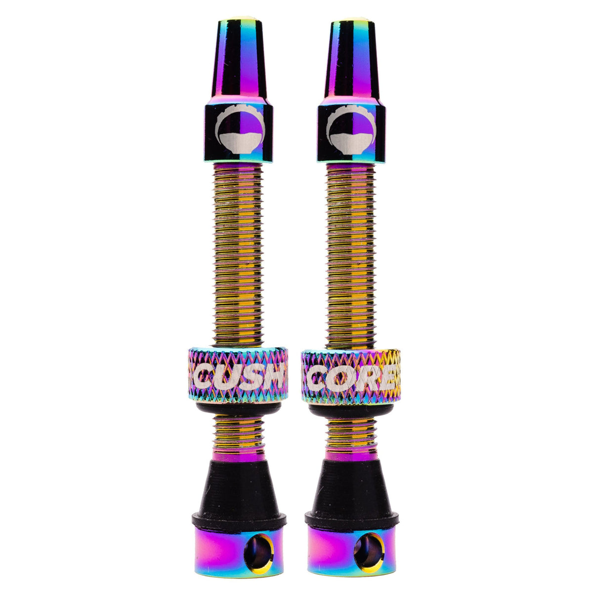 Tubeless Presta valve set, 55mm oil-slick rainbow finish with black base (pair)