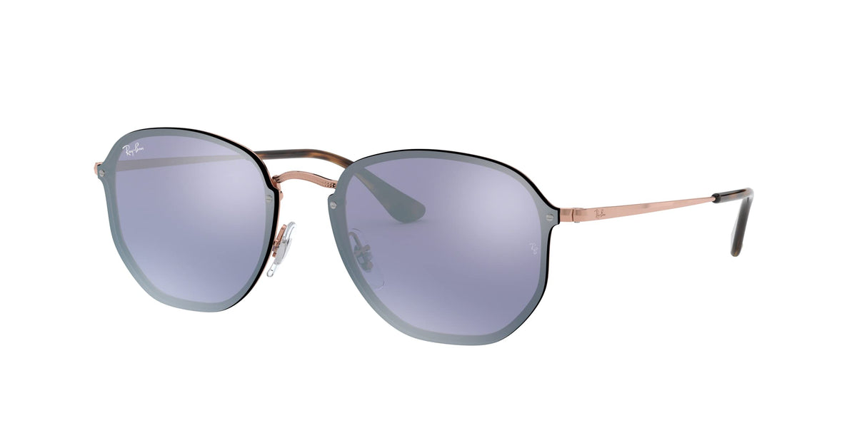 Ray-Ban hexagonal sunglasses with copper frame and dark violet mirrored lenses