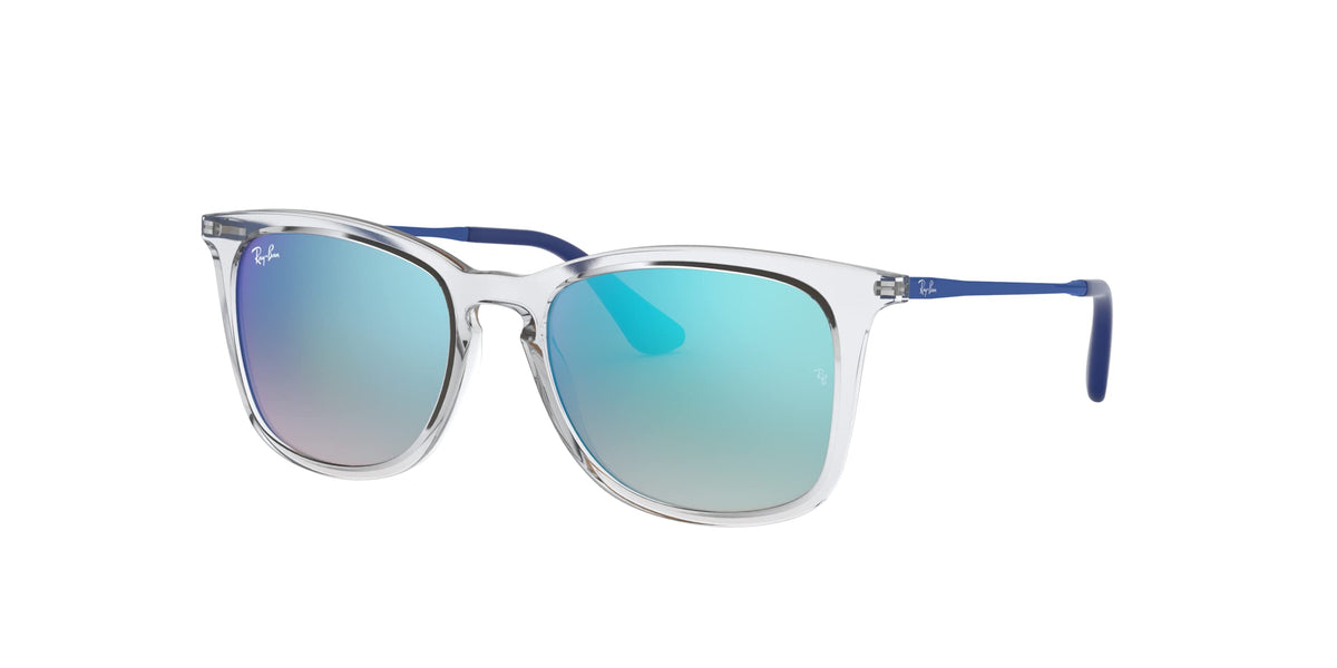 Kids square sunglasses with clear frame, mirrored blue gradient lenses, blue temples