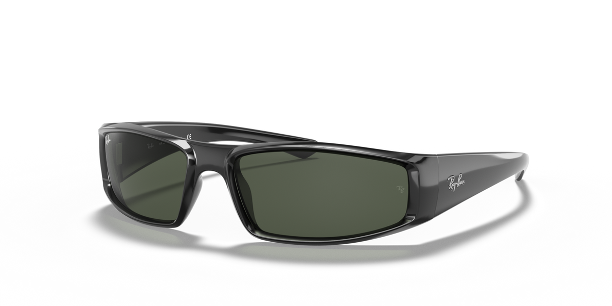 Ray-Ban rectangular sunglasses with black frame and dark green lenses
