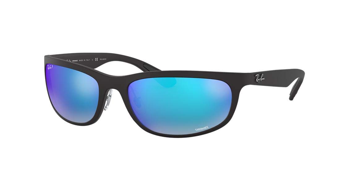 Ray-Ban Chromance sunglasses with matte black frame and blue mirrored lenses