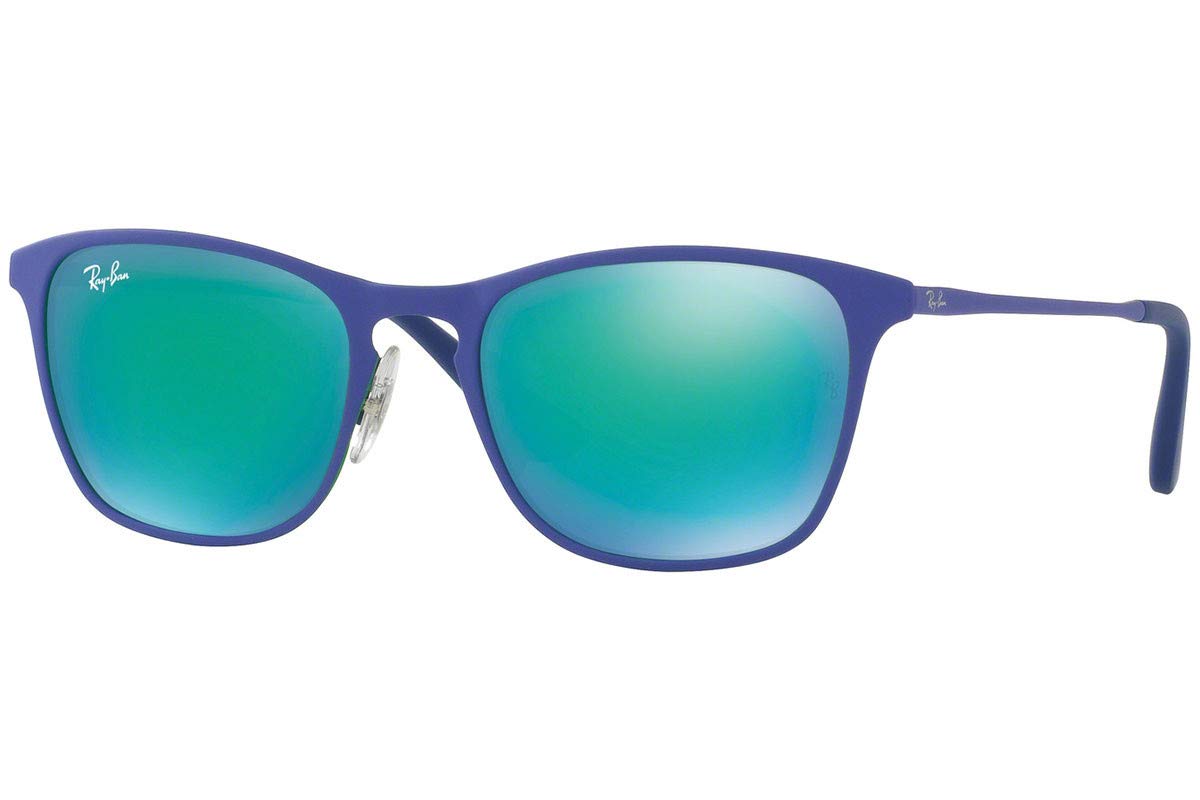 Ray-Ban junior sunglasses with blue frame and green mirrored lenses