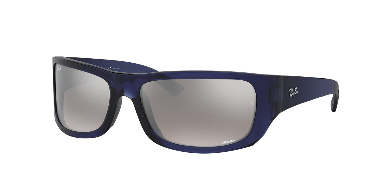 Ray-Ban Chromance sunglasses with blue frame and polarized grey mirrored lenses