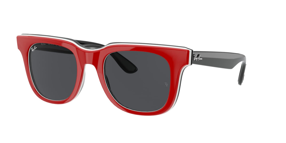 Ray-Ban RB4368 red-and-white sunglasses with dark gray lenses, square frame