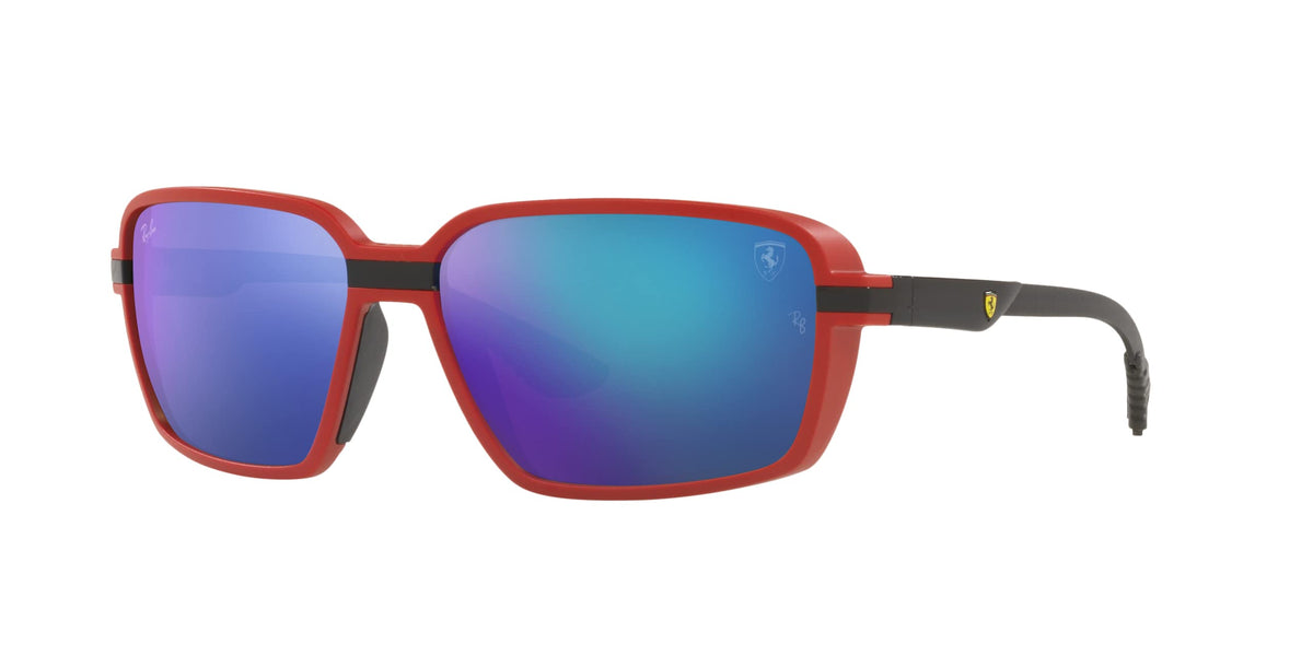 Ray-Ban sunglasses with matte red frame and blue mirrored lenses