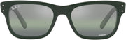 Green rectangular sunglasses with dark lenses and metal logo temples