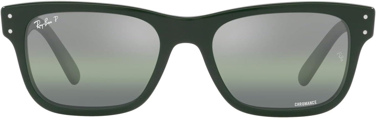 Green rectangular sunglasses with dark lenses and metal logo temples