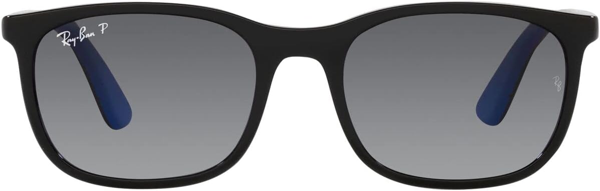 Kids sunglasses with black frame and dark grey gradient lenses, blue temple accents.