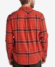 Men's red plaid flannel button-up shirt, back view with yoke