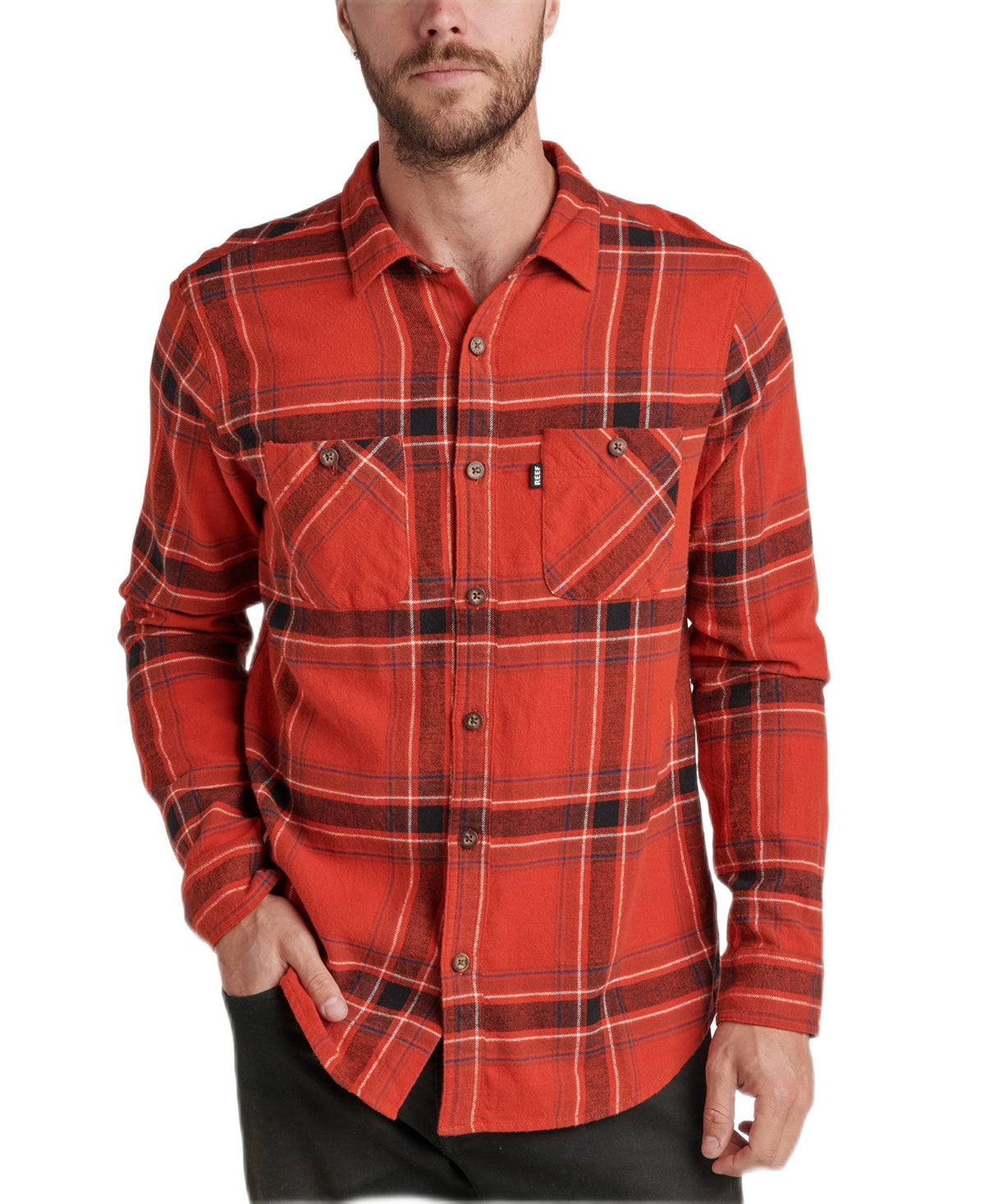 Men's red plaid flannel button-up shirt with chest pockets