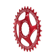 Red narrow-wide direct mount chainring, 30T, side view with five cutout ramps.