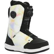 Women's snowboard boots with white iridescent panels, black trim, BOA dial, fur lining