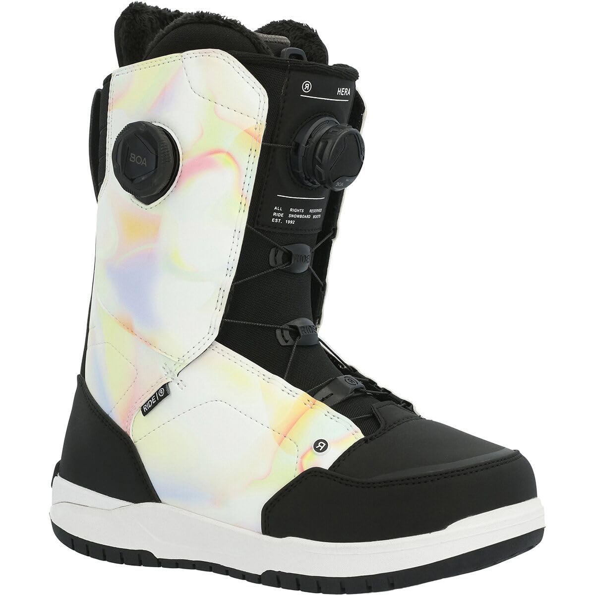 Women's snowboard boots with white iridescent panels, black trim, BOA dial, fur lining