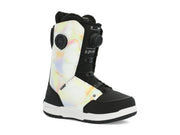 Women's snowboard boots, side view: white iridescent upper with black lower and dial