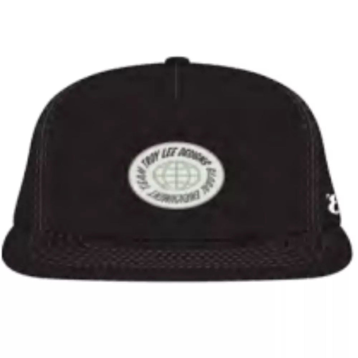 Black unstructured snapback cap with circular front logo patch