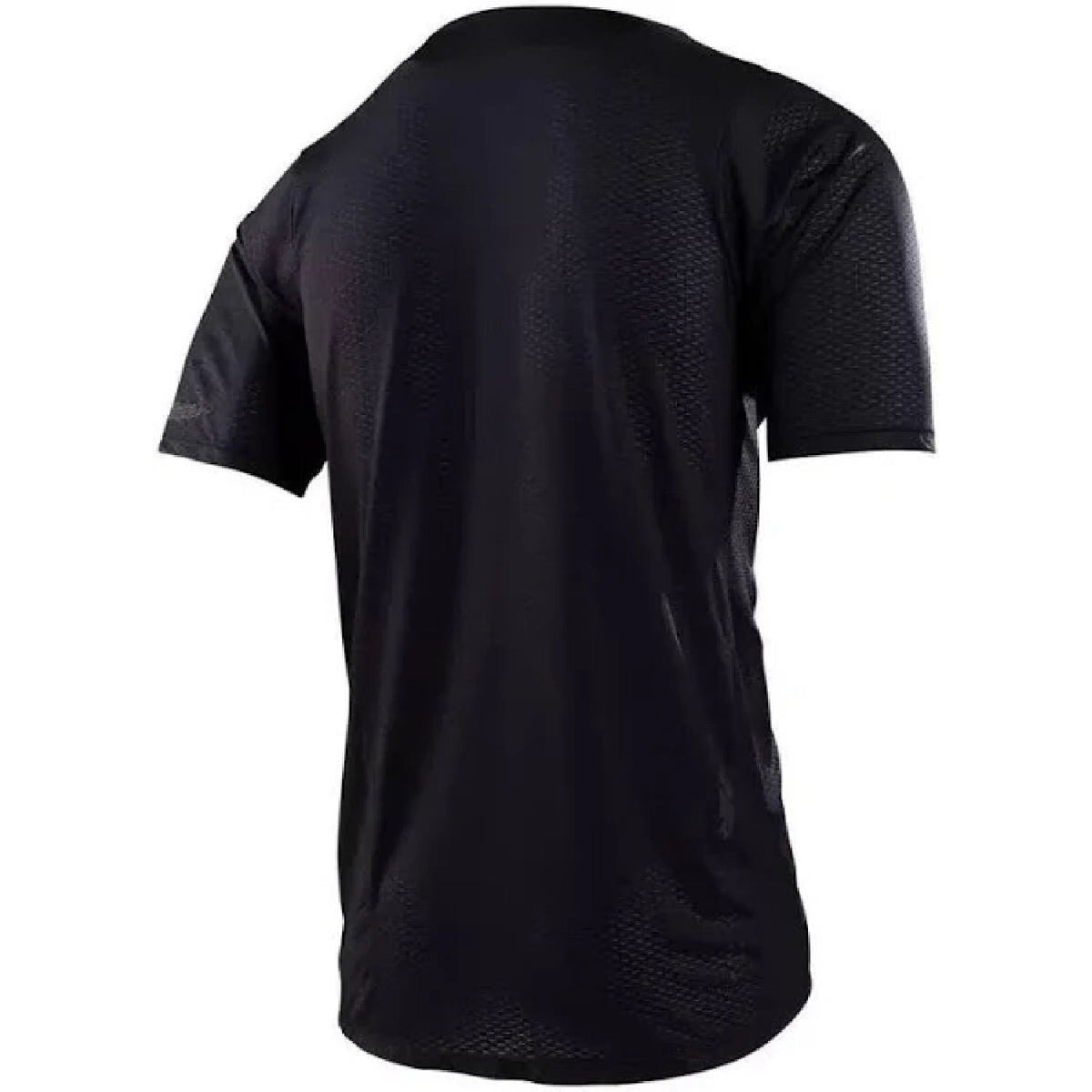 Men's black short-sleeve mesh cycling jersey, back view with full-length ventilation texture