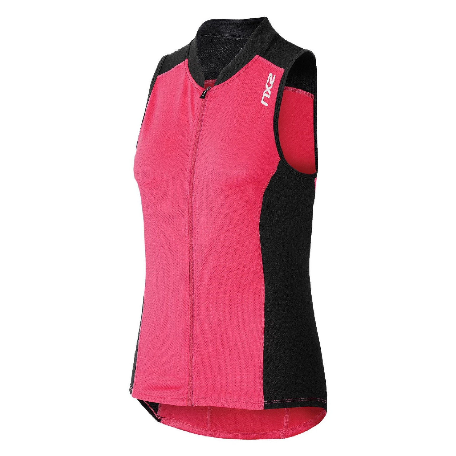 Women’s active singlet, sleeveless cherry pink with black panels and front zipper