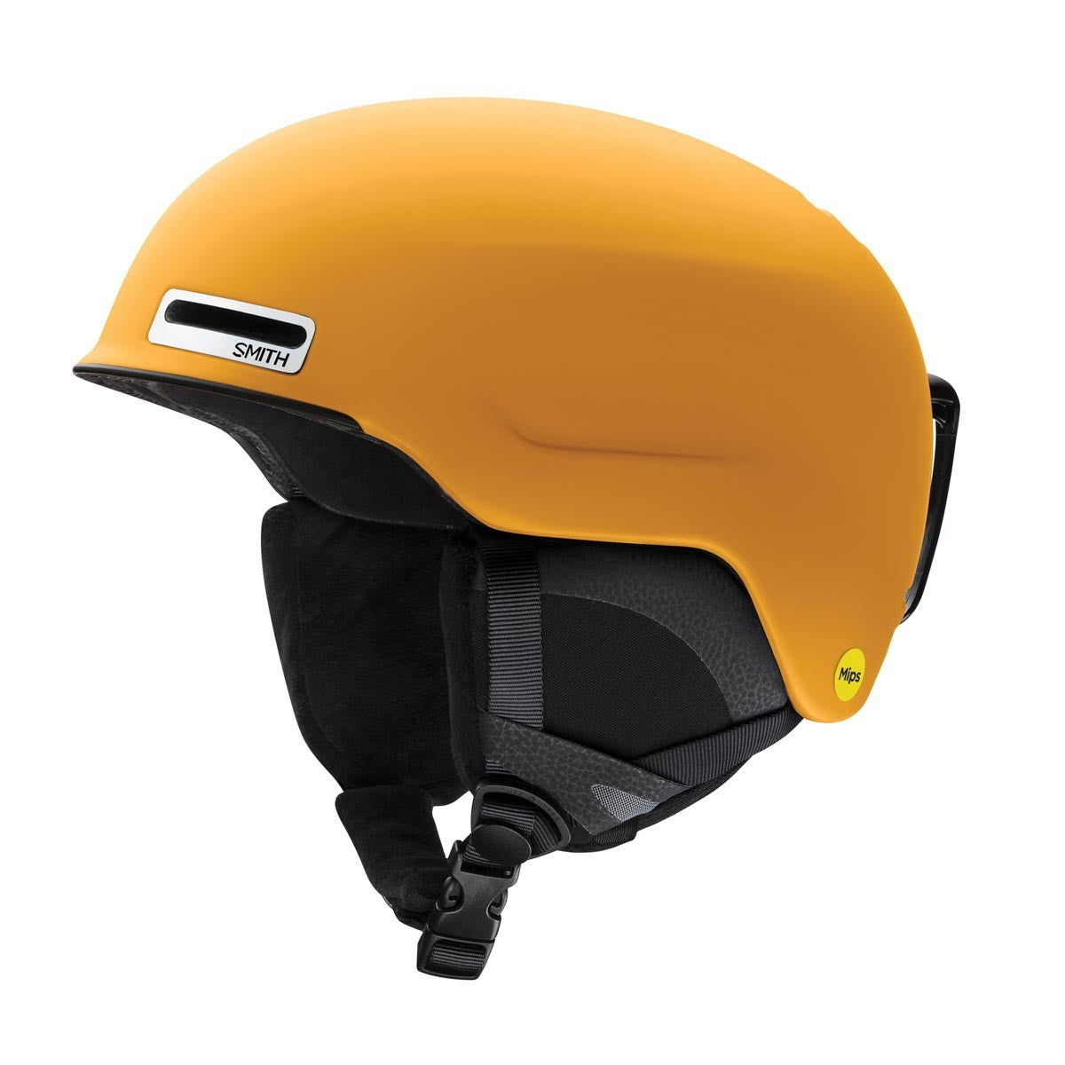 Smith Maze ski helmet in yellow with black ear pads and chin strap