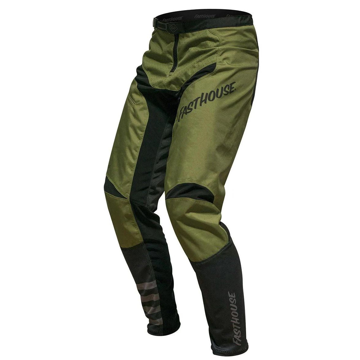 Men's olive riding pants with black side panels, zip fly, logo prints at legs