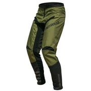 Men's olive riding pants with black side panels, zip fly, logo prints at legs