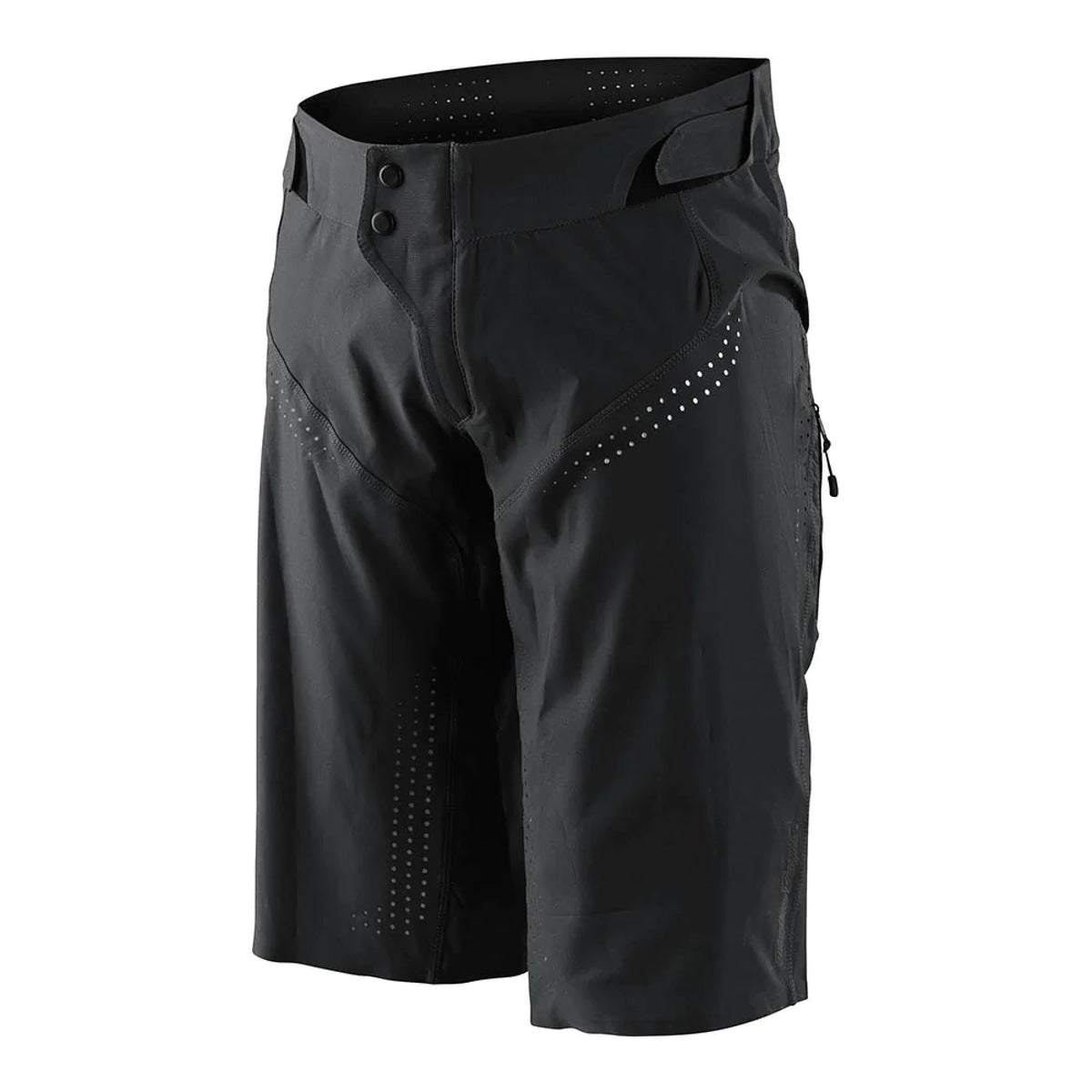 Black motocross riding shorts with button waist and side perforated details