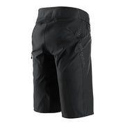 Black motocross riding shorts with side openings and dotted ventilation pattern