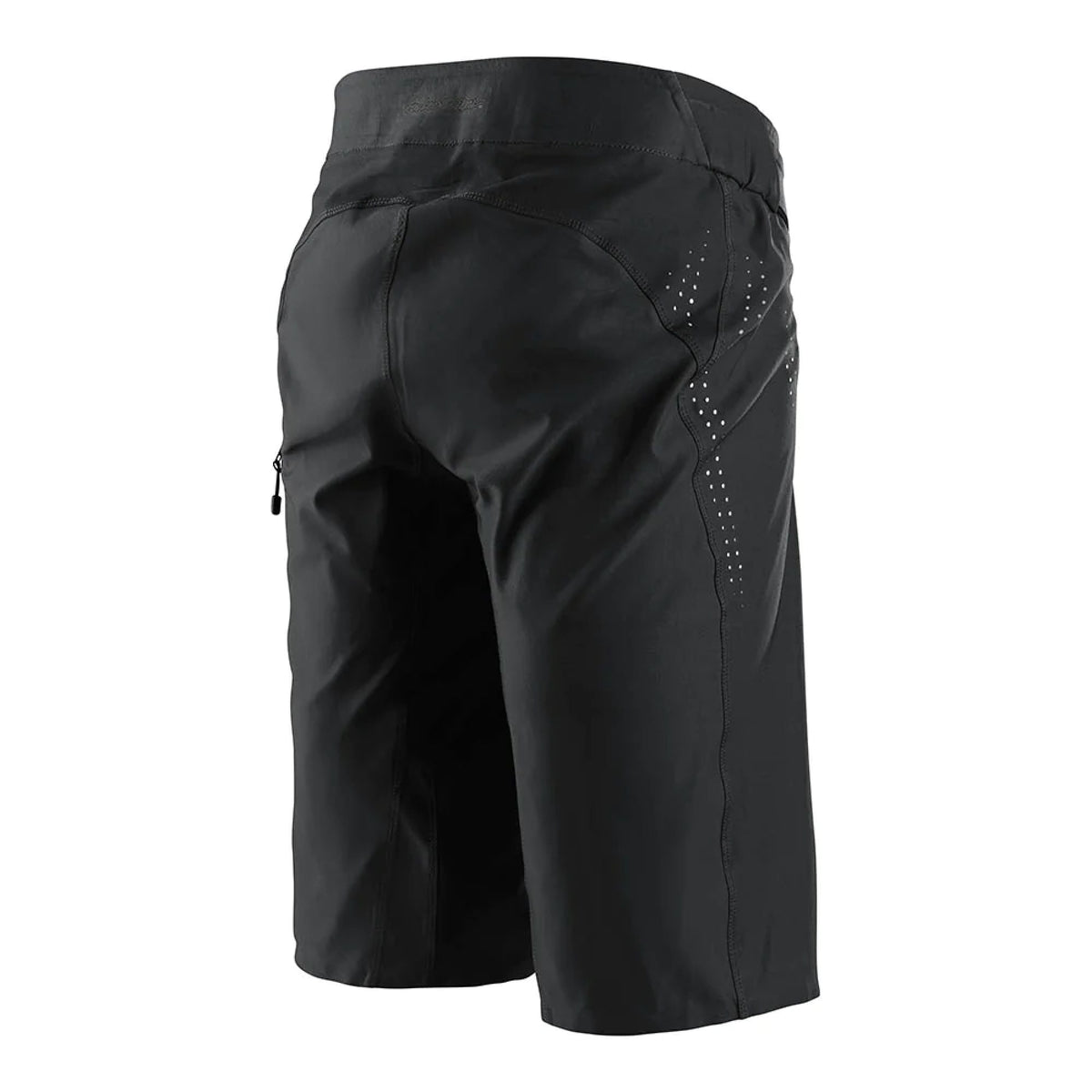 Black motocross riding shorts with side openings and dotted ventilation pattern