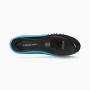 Blue cycling shoe outsole with black traction lugs and printed branding