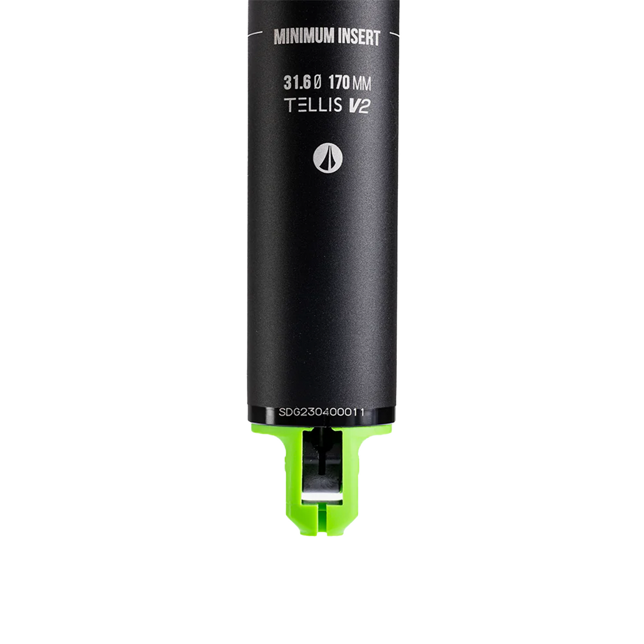 Dropper seatpost bottom with green insert and minimum insert marking