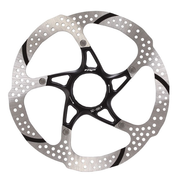 Center-lock disc brake rotor, silver perforated 180mm with black TRP spider spokes