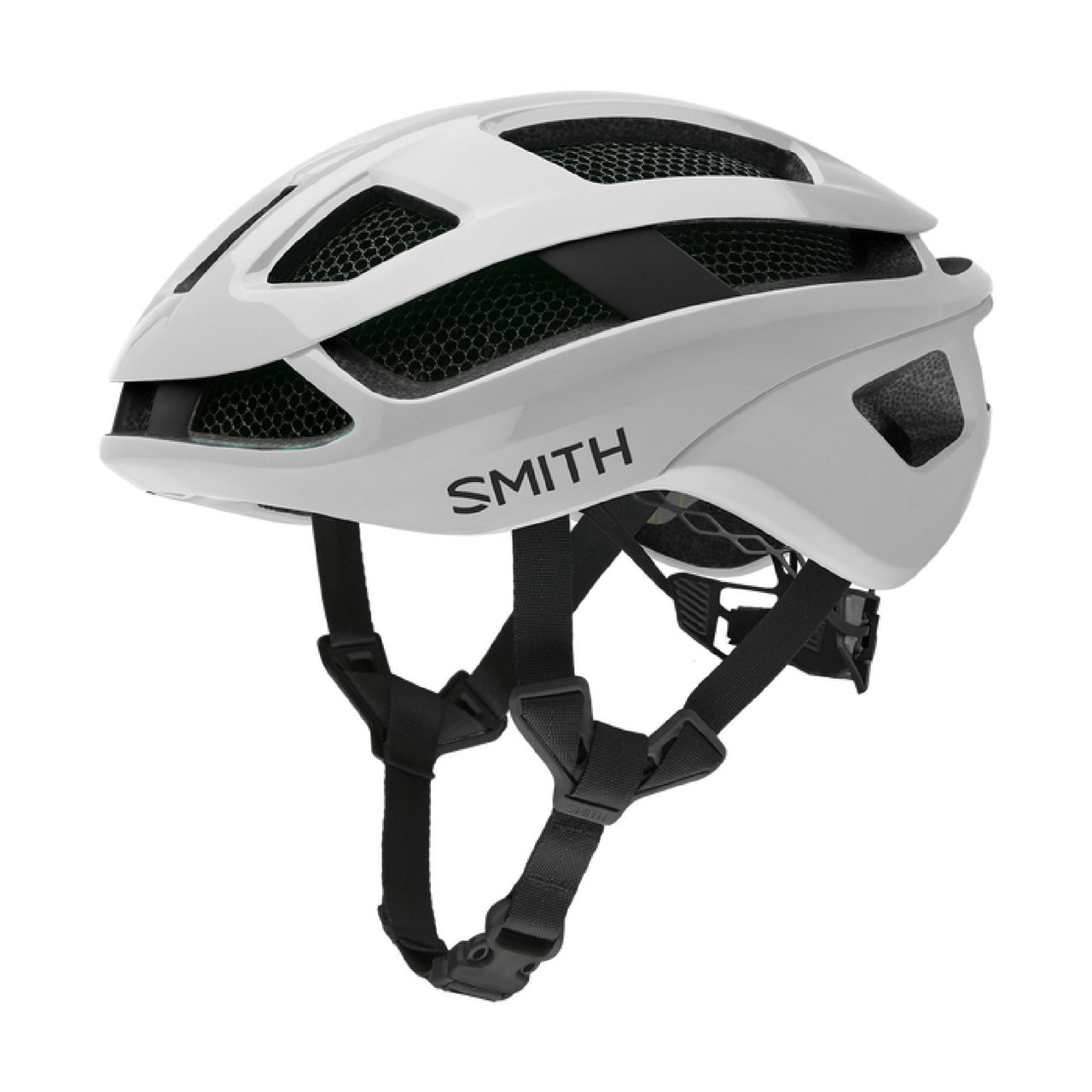 Matte white MIPS helmet with black chin strap and front vents