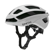 Matte white MIPS helmet with black chin strap and front vents
