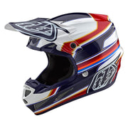 White, red, and blue graphic motocross composite helmet with clear visor