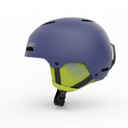 Giro youth ski helmet, matte blue side view with neon green inner lining and chin strap