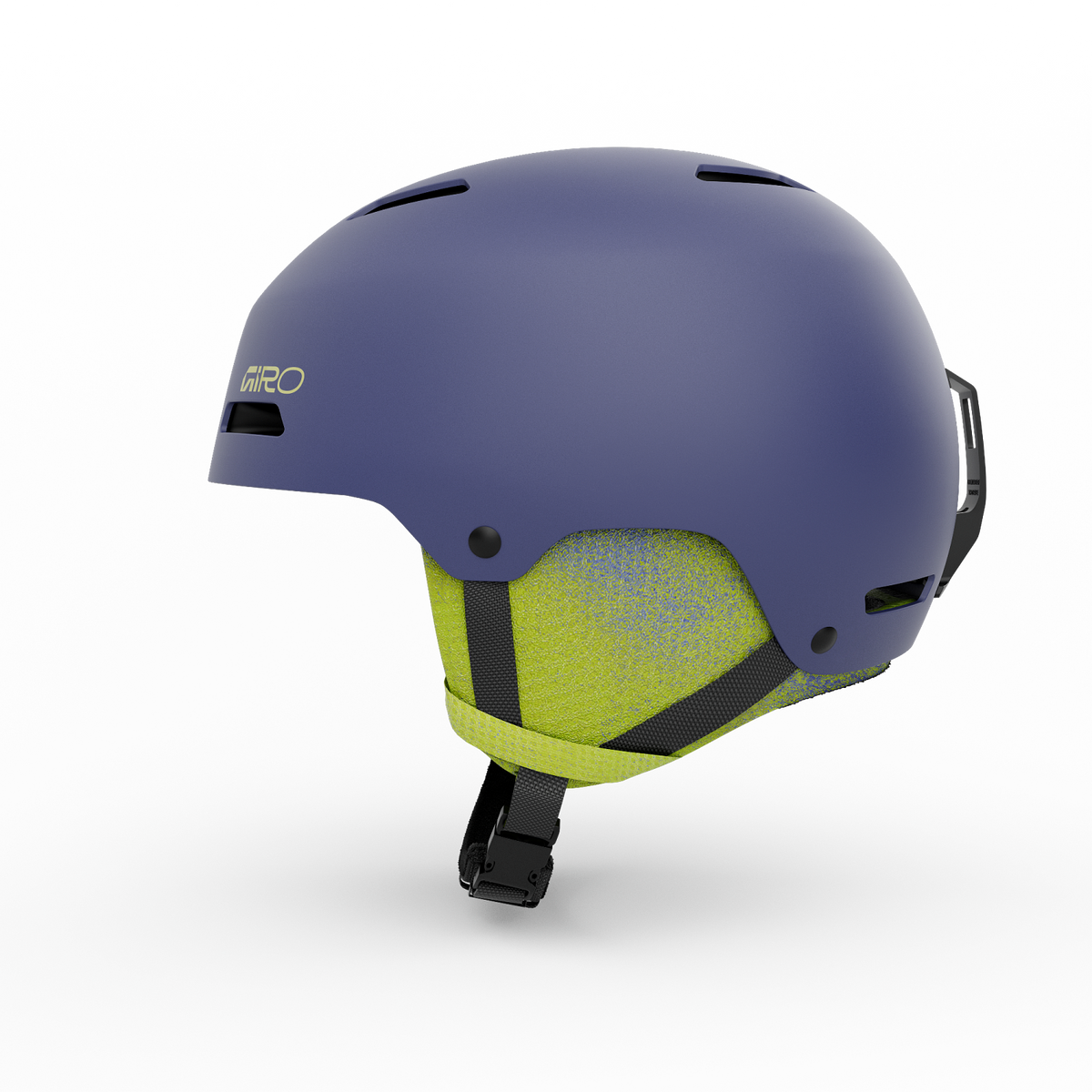Giro youth ski helmet, matte blue side view with neon green inner lining and chin strap