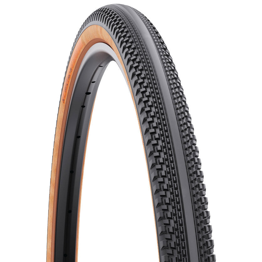 Bicycle tire with black tread and tan sidewall, 700x45