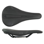 Black bicycle saddle with perforated top and contoured seat, stainless rails