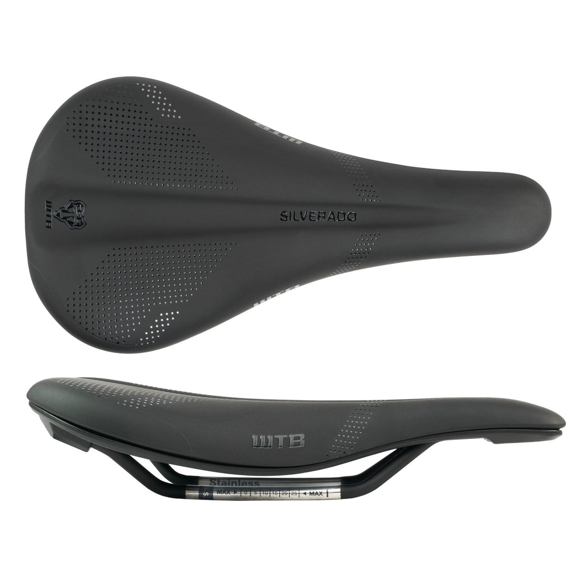 Black bicycle saddle with perforated top and contoured seat, stainless rails