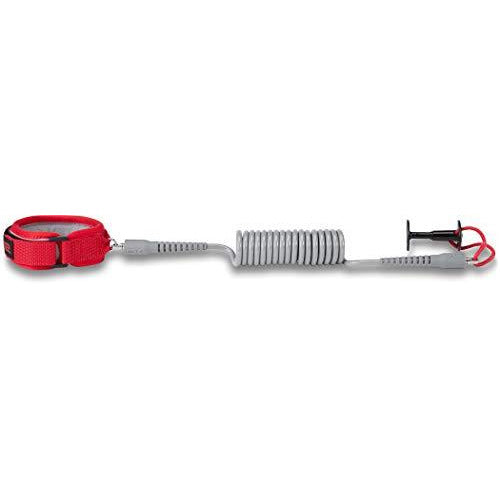 Coiled bicep bodyboard leash with red strap, gray cord, and quick-snap handle loop