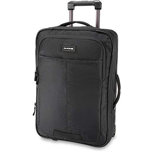 Black roller suitcase with telescoping handle, front zip pockets, and side webbing loop