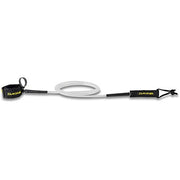 Dakine surfboard leash with clip, clear coiled cord and black webbing strap