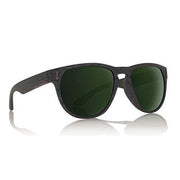 Dark frame sunglasses with mirrored green lenses and logo on temples