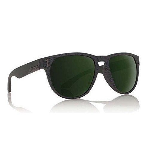 Dark frame sunglasses with mirrored green lenses and logo on temples