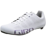 Women’s road cycling shoes, white with purple Giro logo, lace-up, perforated toe
