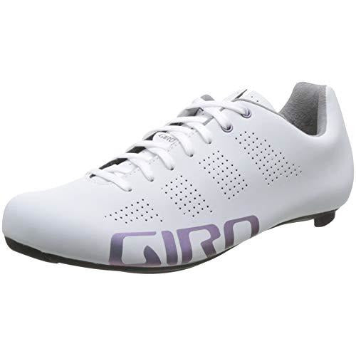 Women’s road cycling shoes, white with purple Giro logo, lace-up, perforated toe